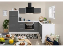 Respekta Premium Winkelküche 260 x 200 cm Grau Hochglanz-Weiß