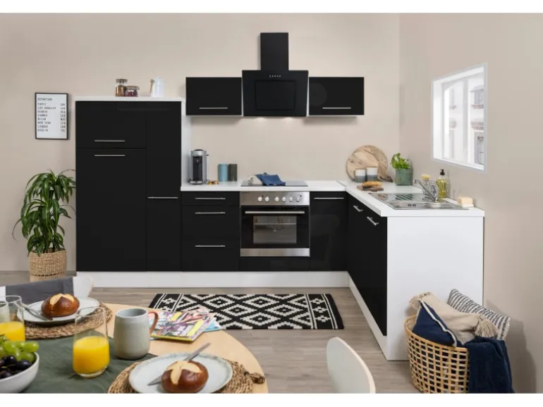 Respekta Premium Winkelküche RP290WSC 290 x 200 cm Schwarz Hochglanz-Weiß