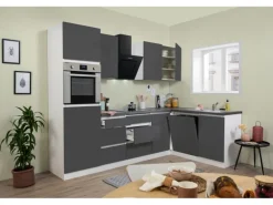 Respekta Premium Winkelküche Grifflos 280 cm Grau Hochglanz-Weiß