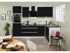 Respekta Premium Winkelküche Grifflos 280 cm Schwarz Hochglanz-Weiß