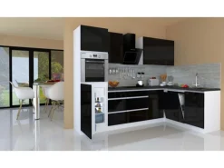 Respekta Premium Winkelküche Grifflos 280 cm Schwarz Hochglanz-Weiß
