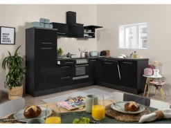 Respekta Premium Winkelküche 260 x 200 cm Schwarz Hochglanz-Eiche Grau