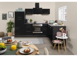 Respekta Premium Winkelküche 260 x 200 cm Schwarz Hochglanz-Eiche Grau