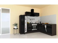 Respekta Premium Winkelküche 260 x 200 cm Schwarz Hochglanz-Eiche Grau