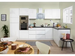 Respekta Premium Winkelküche Grifflos 345 cm Weiß Hochglanz