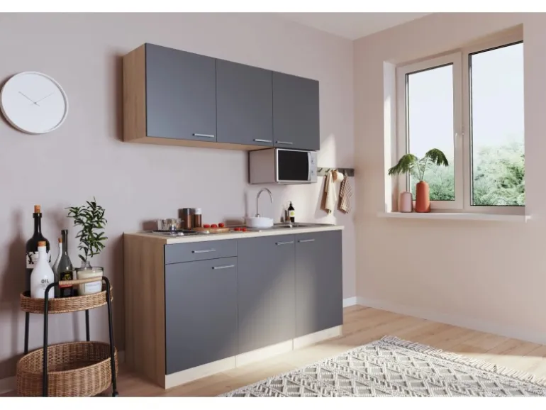 Respekta Singleküche Luis 150 cm Grau-Eiche sägerau