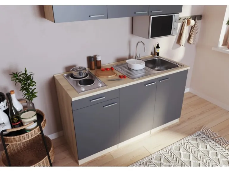 Respekta Singleküche Luis 150 cm Grau-Eiche sägerau