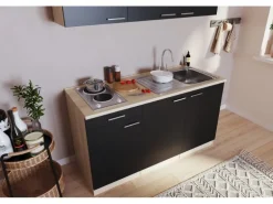 Respekta Singleküche Luis 150 cm Schwarz-Eiche sägerau