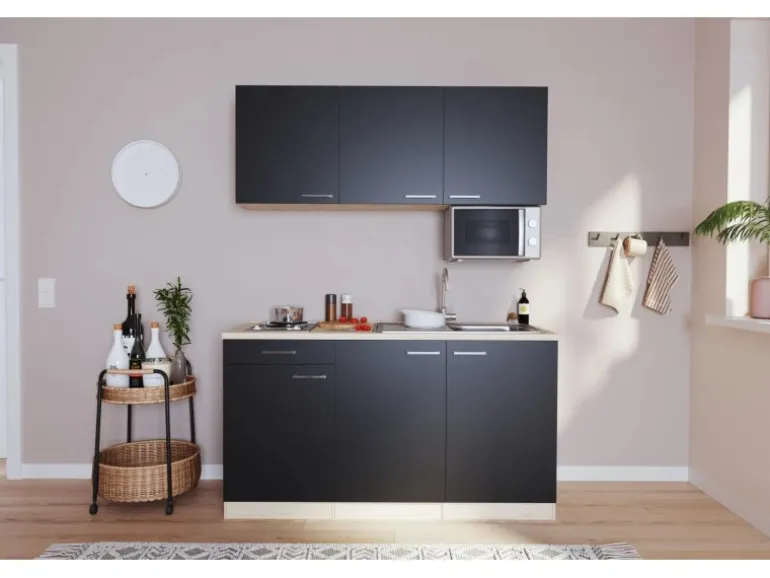 Respekta Singleküche Luis 150 cm Schwarz-Eiche sägerau