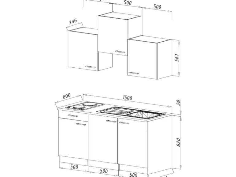 Respekta Singleküche Luis 150 cm Schwarz-Eiche sägerau