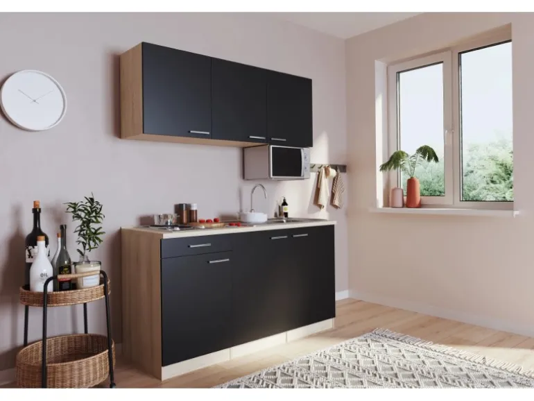 Respekta Singleküche Luis 150 cm Schwarz-Eiche sägerau