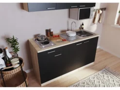 Respekta Singleküche Luis 150 cm Schwarz-Eiche sägerau