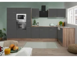 Respekta Winkelküche 370 cm Grau Seidenglanz - Eiche York Nachbildung