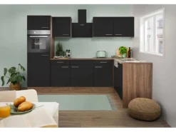 Respekta Winkelküche 280 cm Schwarz Seidenglanz-Eiche York Nachbildung