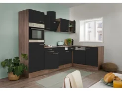 Respekta Winkelküche 280 cm Schwarz-Seidenglanz Eiche-York