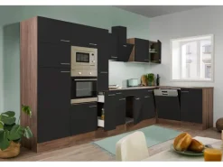 Respekta Winkelküche 370 cm Schwarz Seidenglanz-Eiche York Nachbildung