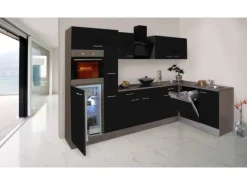 Respekta Winkelküche 310 cm Schwarz Seidenglanz-Eiche York Nachbildung