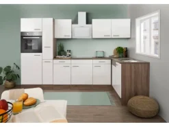 Respekta Winkelküche 310 cm Weiß Seidenglanz-Eiche York Nachbildung