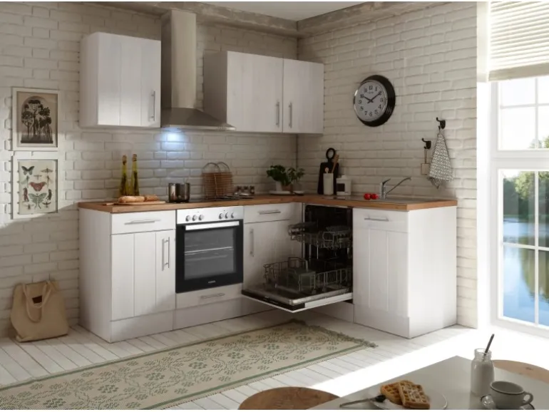 Respekta Winkelküche Anton 220 cm Landhaus Lärche Weiß Nachbildung