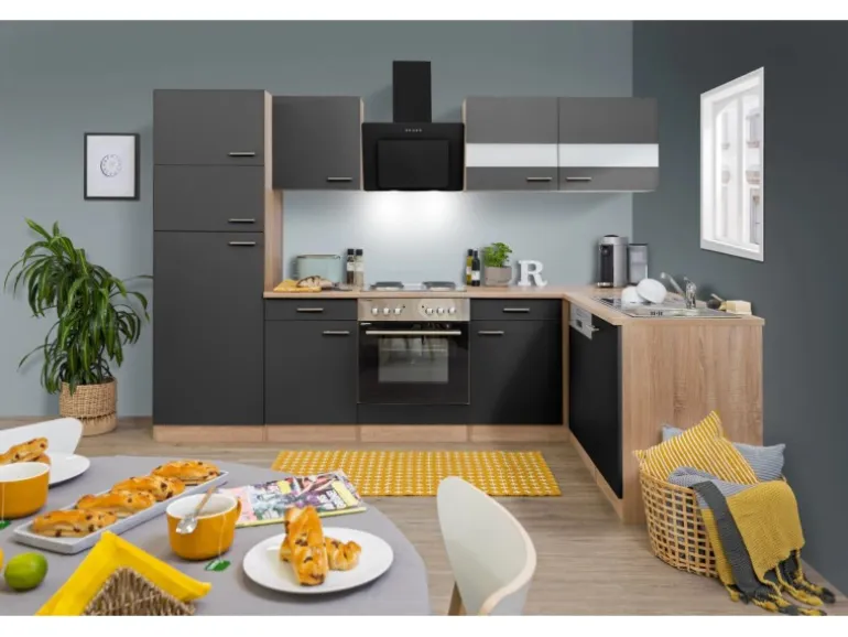 Respekta Winkelküche KBL280ESGS 280 cm Grau-Eiche Sonoma Sägerau Nachbildung