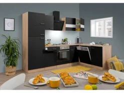 Respekta Winkelküche KBL280ESSS 280 cm Schwarz-Eiche Sonoma Sägerau Nachbildung