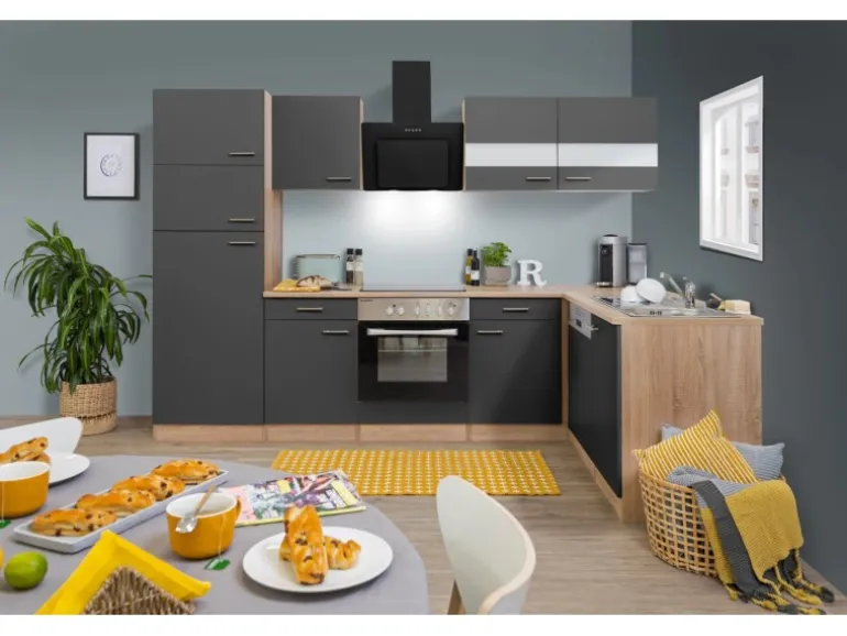 Respekta Winkelküche KBL280ESGSC 280 cm Grau-Eiche Sonoma Sägerau Nachbildung