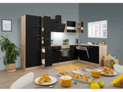 Respekta Winkelküche KBL310ESSSC 310 cm Schwarz Eiche Sonoma Sägerau Nachbildung