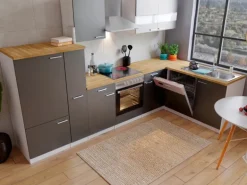 Respekta Winkelküche KBL310WGCG 310 x 172 cm Grau-Weiß-Butcher Nussbaum