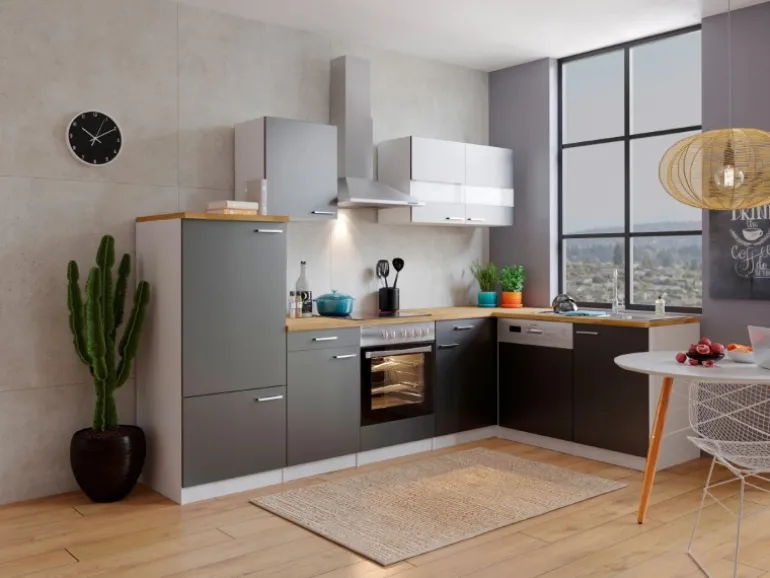 Respekta Winkelküche KBL280WGCG 280 x 172 cm Grau-Weiß-Butcher Nussbaum