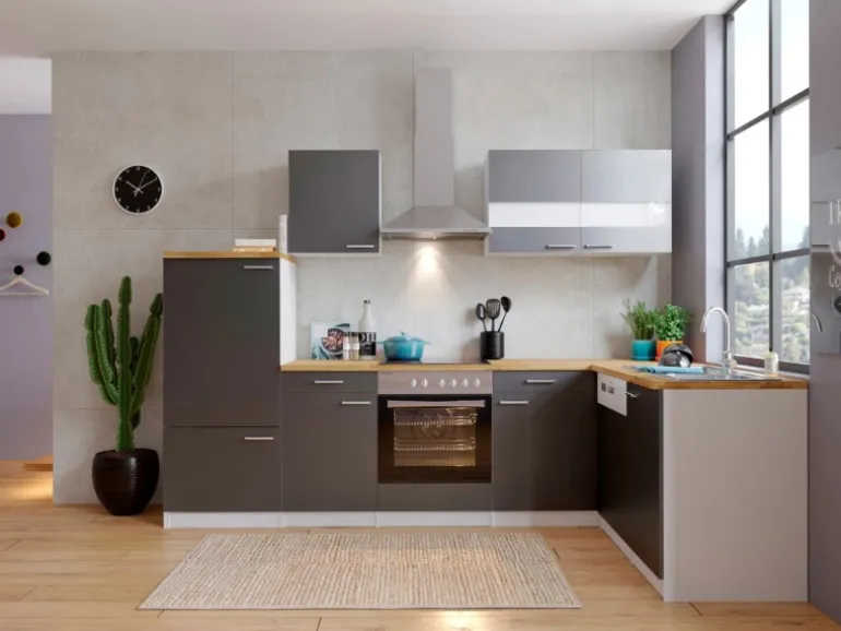 Respekta Winkelküche KBL280WGCG 280 x 172 cm Grau-Weiß-Butcher Nussbaum