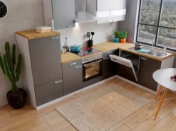 Respekta Winkelküche KBL280WGCG 280 x 172 cm Grau-Weiß-Butcher Nussbaum