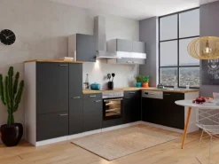 Respekta Winkelküche KBL310WSCG 310 x 172 cm Schwarz-Weiß-Butcher Nussbaum