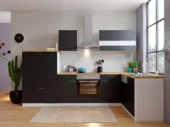 Respekta Winkelküche KBL310WSCG 310 x 172 cm Schwarz-Weiß-Butcher Nussbaum