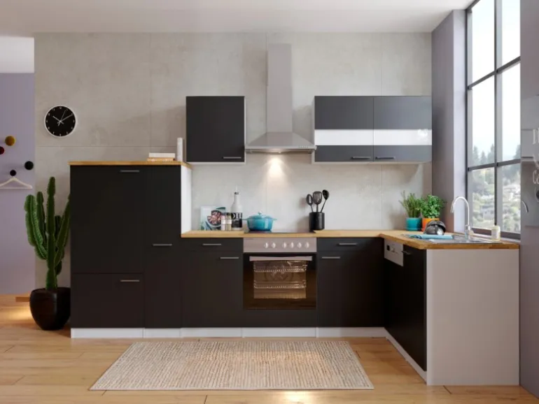 Respekta Winkelküche KBL310WSCG 310 x 172 cm Schwarz-Weiß-Butcher Nussbaum