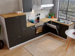 Respekta Winkelküche KBL310WSCG 310 x 172 cm Schwarz-Weiß-Butcher Nussbaum