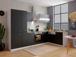 Respekta Winkelküche KBL310WSCGKEG 310 x 172 cm Schwarz-Weiß-Butcher Nussbaum