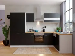 Respekta Winkelküche KBL310WSCGKEG 310 x 172 cm Schwarz-Weiß-Butcher Nussbaum