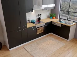 Respekta Winkelküche KBL310WSCGKEG 310 x 172 cm Schwarz-Weiß-Butcher Nussbaum