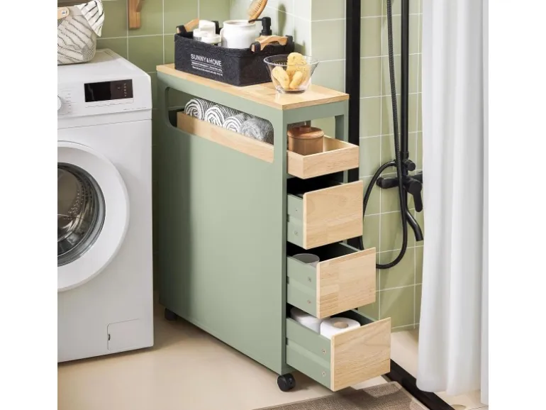 SoBuy Badezimmerschrank Rollwagen mit 3 Schubladen Nischenschrank 24x82x65cm Grün BZR54-GR