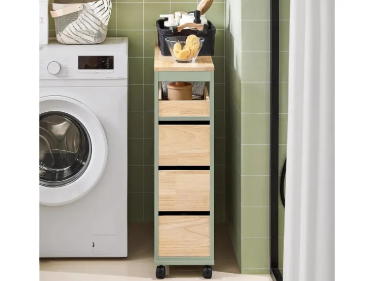 SoBuy Badezimmerschrank Rollwagen mit 3 Schubladen Nischenschrank 24x82x65cm Grün BZR54-GR