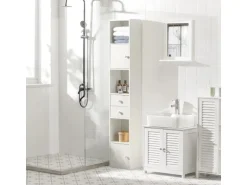 SoBuy Hochschrank mit Schubladen und Türen Holz Weiß STR10-W