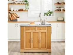 SoBuy Kücheninsel Küchenwagen mit Ausziehbarer Arbeitsplatte Bambus 107x92,5x71cm Natur FKW130-N