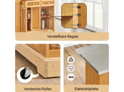 SoBuy Kücheninsel Küchenwagen mit Ausziehbarer Arbeitsplatte Bambus 107x92,5x71cm Natur FKW130-N
