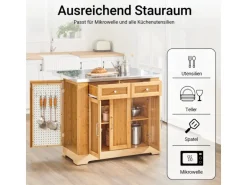 SoBuy Kücheninsel Küchenwagen mit Ausziehbarer Arbeitsplatte Bambus 107x92,5x71cm Natur FKW130-N