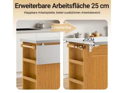 SoBuy Kücheninsel Küchenwagen mit Ausziehbarer Arbeitsplatte Bambus 107x92,5x71cm Natur FKW130-N