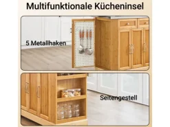 SoBuy Kücheninsel Küchenwagen mit Ausziehbarer Arbeitsplatte Bambus 107x92,5x71cm Natur FKW130-N