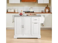 SoBuy Kücheninsel Küchenwagen mit Ausziehbarer Edelstahlarbeitsplatte 130x91x71cm Weiß FKW128-ST