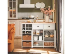 SoBuy Kücheninsel mit 2 Rattankörben Küchenschrank Sideboard Buffet KNL05-W