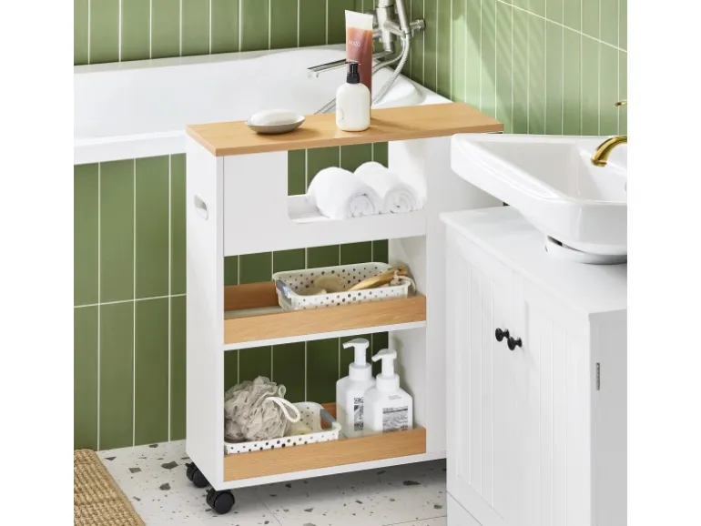 SoBuy Nischenregal mit Rollen Nischenwagen mit 3 Schubladen Weißnatur BZR190-WN