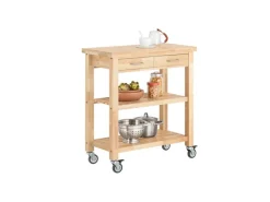 SoBuy Servierwagen mit 2 Ablagen Küchenwagen Küchenregal Kautschukholz 80x90x40cm Natur FKW24-N
